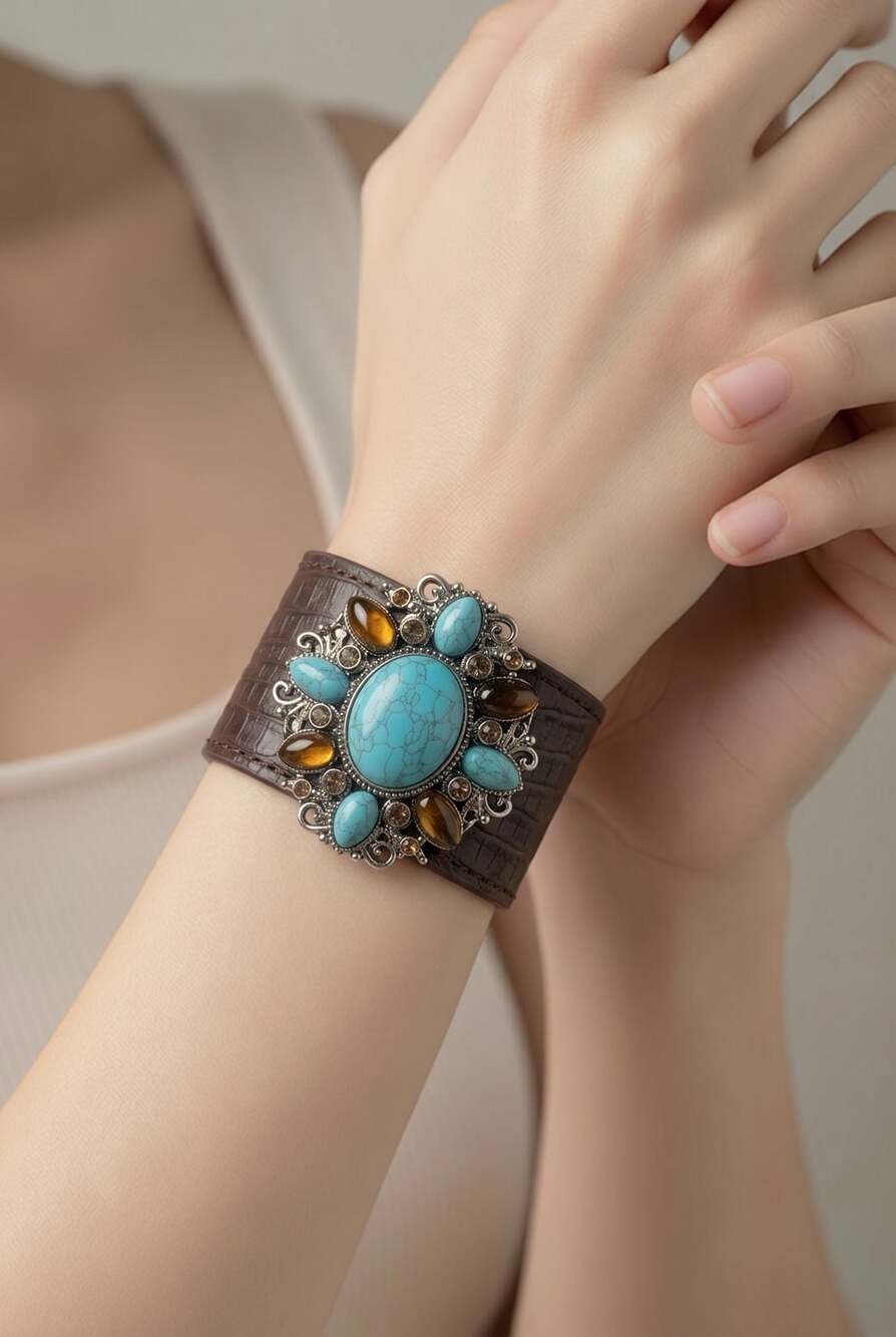 Andara Faux Croc Leather Statement Cuff Bracelet with Turquoise and Tiger's Eye
